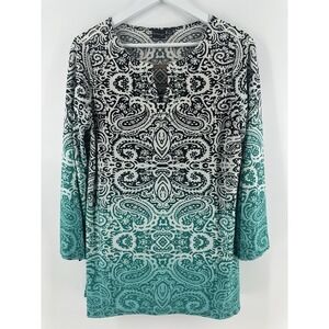 Lavanya Woman Size‎ L Black White Teal Embellished Tunic Blouse BB17